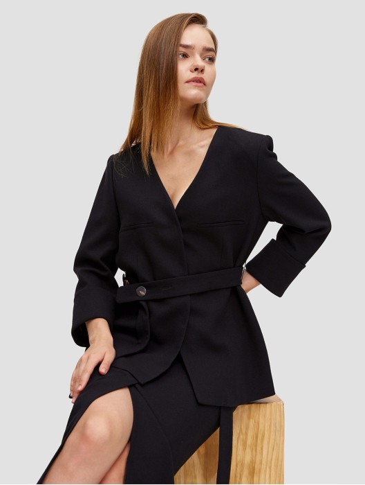 V Neck Belted Wool Coat