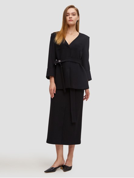 V Neck Belted Wool Coat