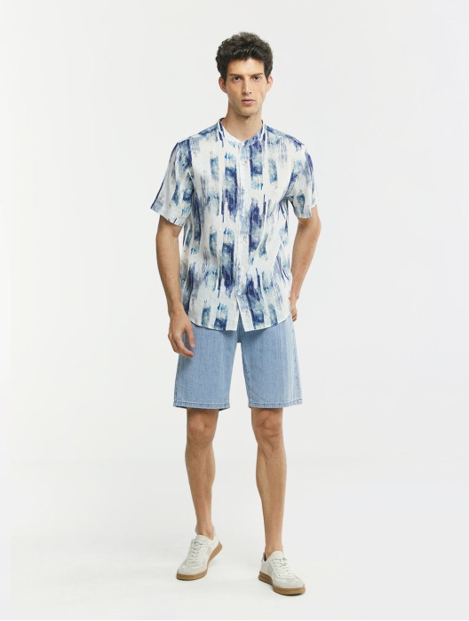 Tie-dye Stand Collar Linen Shirt