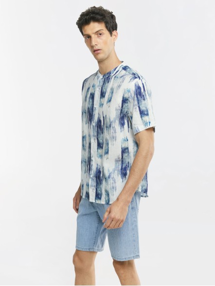 Tie-dye Stand Collar Linen Shirt