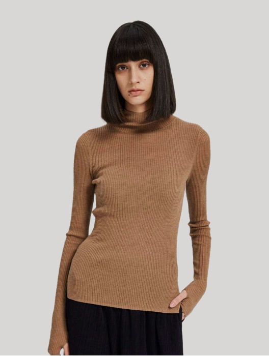 Ribbed Mockneck Knitted Cashmere Sweater