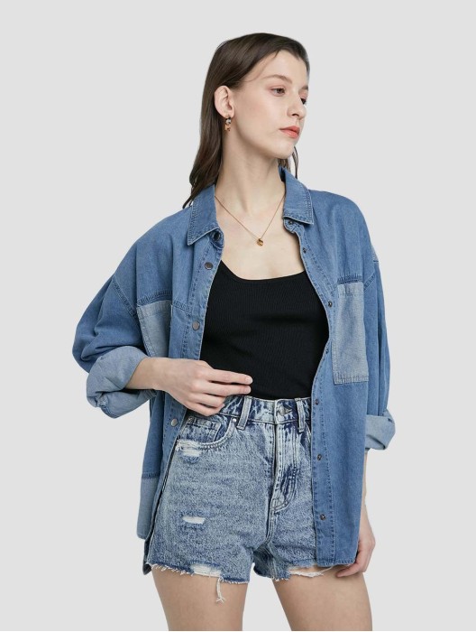 Patchwork Long-Sleeve Denim Shirt
